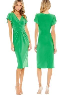 Ieena for Mac Duggal Green Flounce Sleeve Twist-Front Midi Dress - Size 6